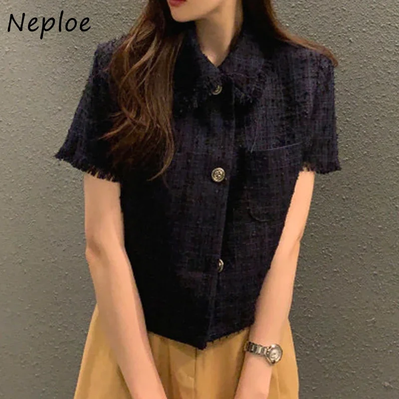 Neploe Korean Fashion Vintage Coat Turn Down Collar Solid Color Short Sleeve Jackets Pockets Tassel Single-breasted Outerwear