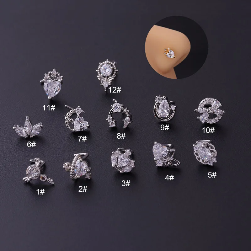 1PCS 316L Surgical Stainless Steel Heart Crown Flower CZ L Shape Nose Studs Indian Screw Nose Rings Nose Piercing Jewelry