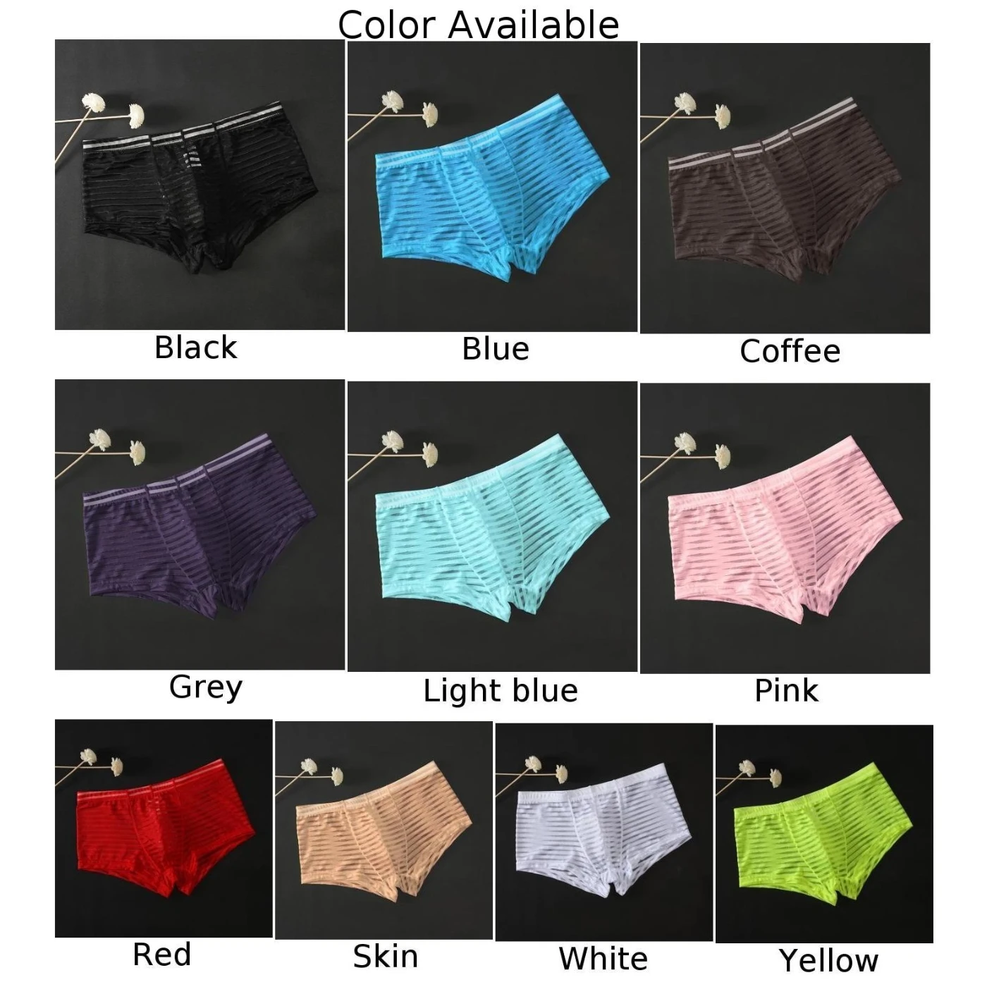 Men\'s Sexy Striped Mesh Underwear Mesh See Through Boxer Briefs Low-rise Underpants Briefs Breathable Solid Male Boxer Shorts