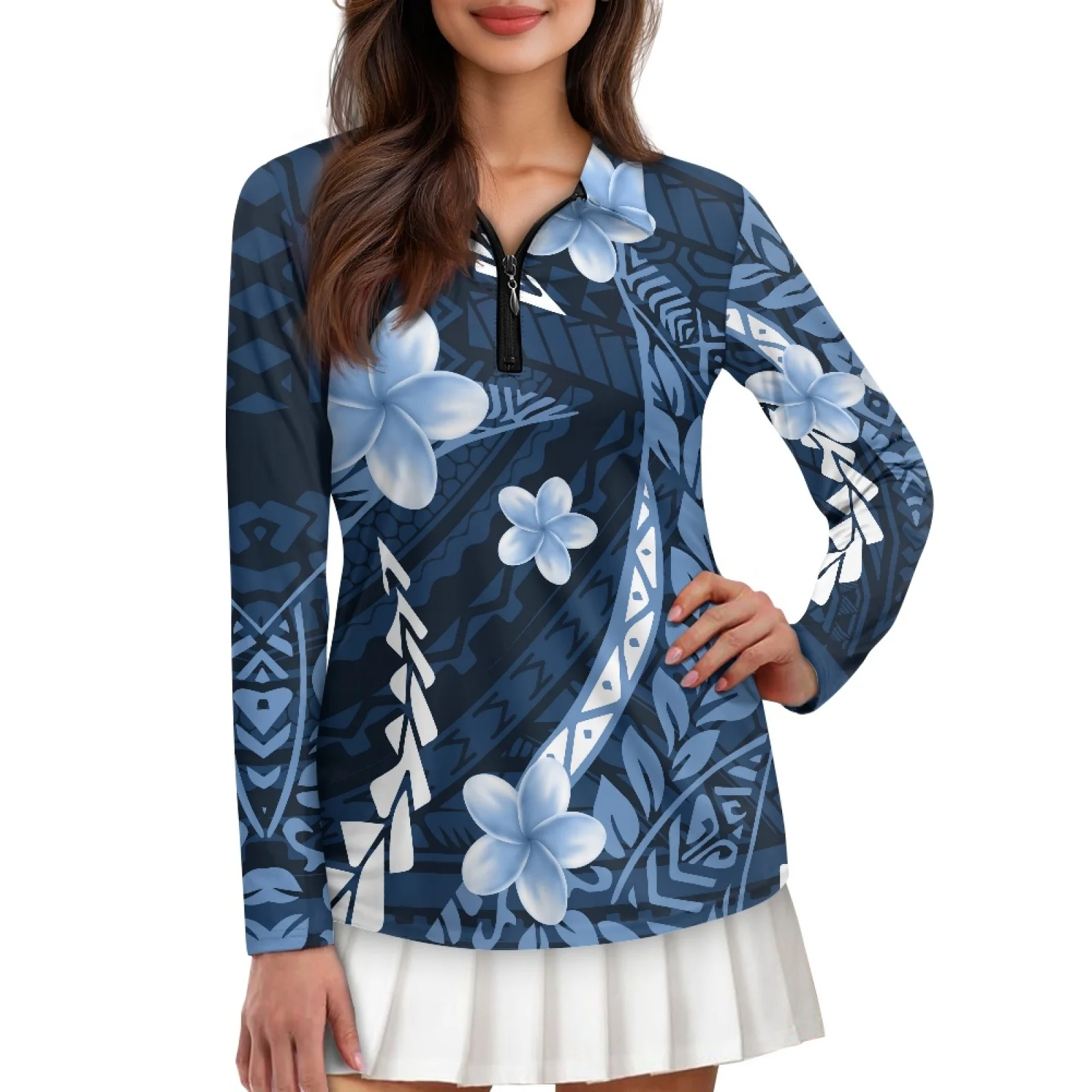 PENSTROLL Blue Floral Print Womens Stretchy Golf Shirts for Women Long Sleeve Tennis Polo Shirt for Tennis Training