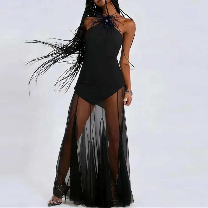 

Elegant Hollow Out Halter Evening Dress Summer Solid Color Slim Dresses Sexy Sleeveless Off Shoulder Mesh Spliced Dress