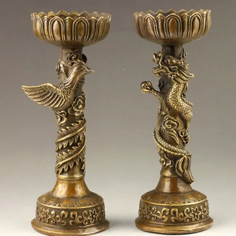 

Chinese Handmade Dragon Phoenix Bronze Candlestick Pair Statue Candle Holders