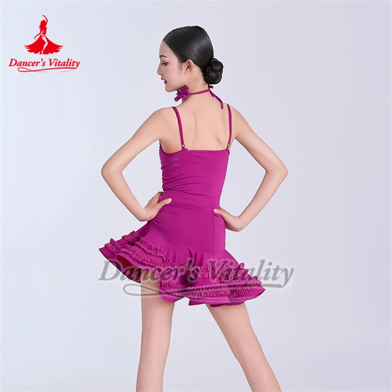 Kinderen en adolescenten Paars-rode Sling Tops + Bouffant Rok Danspak Latin Dance Training Kleding Danser Vitaliteit