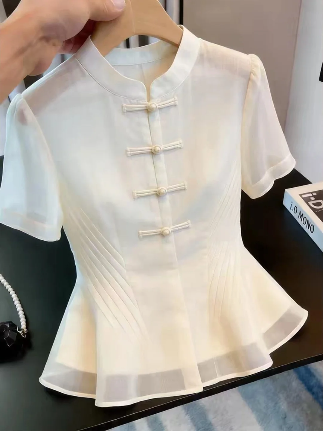 

Fashionable Commuter Short Sleeve Shirt Unique Button Design Versatile Style Korean Version Straight Cut Silk Top for Women