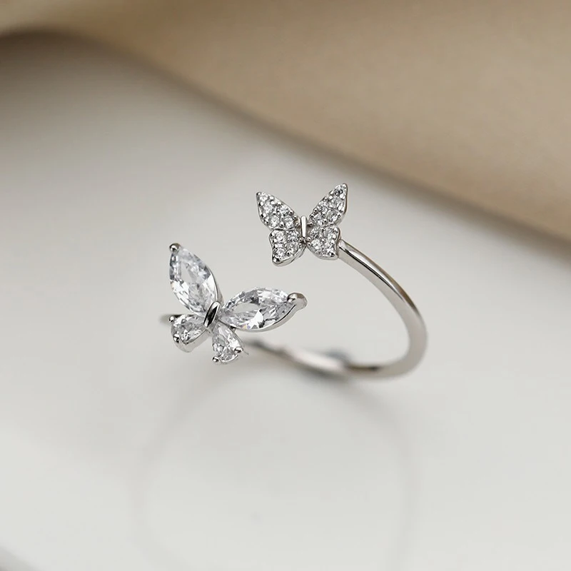 New Fashion 925 Sterling Silver Fine Double Butterfly Zircon Adjustable Rings Women&Girl Jewelry Rhinestone wishbone Finger Ring