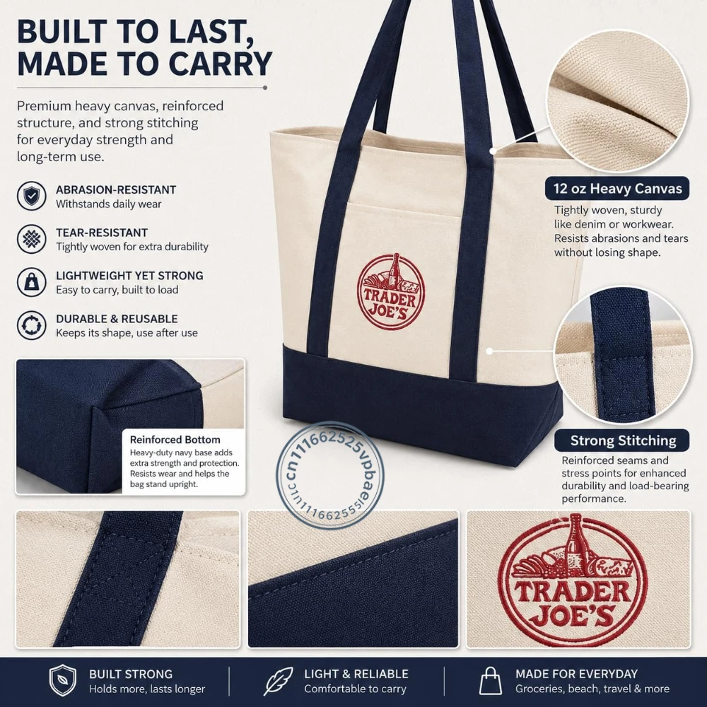 Large Canvas Tote Bag for Trader Joe's, Reusable 12 oz Cotton Tote Bag with Embroidered, Front Pocket & Reinforced Bottom
