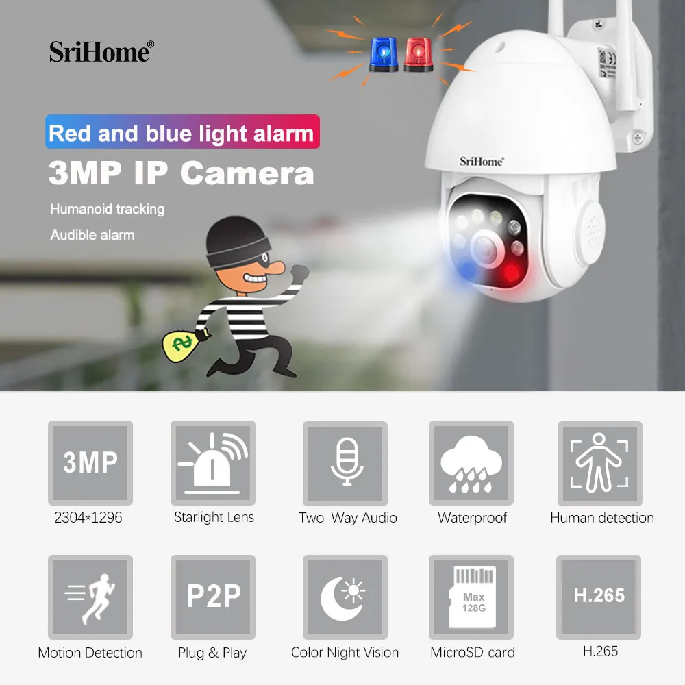 

Srihome 3MP 3x digital zoom IP Camera 2.4G Wifi Waterproof AI Auto Tracking H.264 Video Surveillance Security IP Camera SH039B