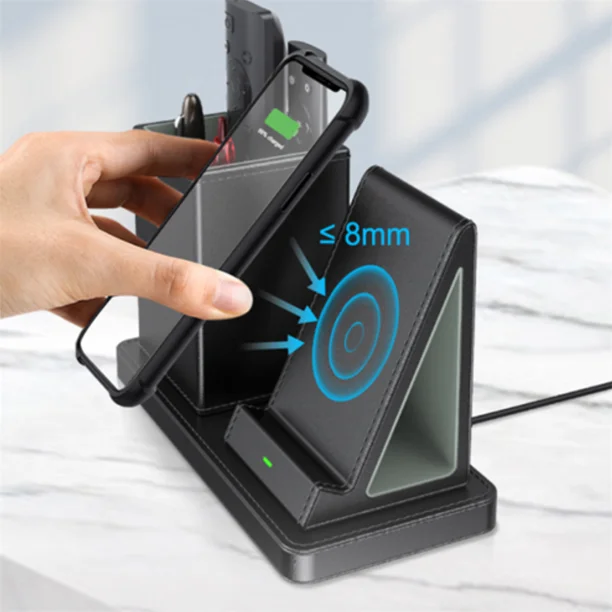 Wireless Charger With Desk Organizer, PU Leather Pen Holder 10W Fast Wireless Charging Stand Storage Box For IPhone Samsung