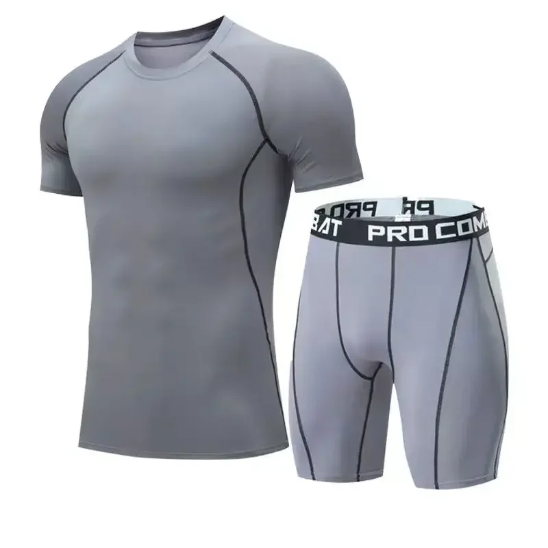 

2025 Summer New Men Sports Round Neck Fitness Suit Breathable Speed Drying High Elasticity Basketball Training Running Set