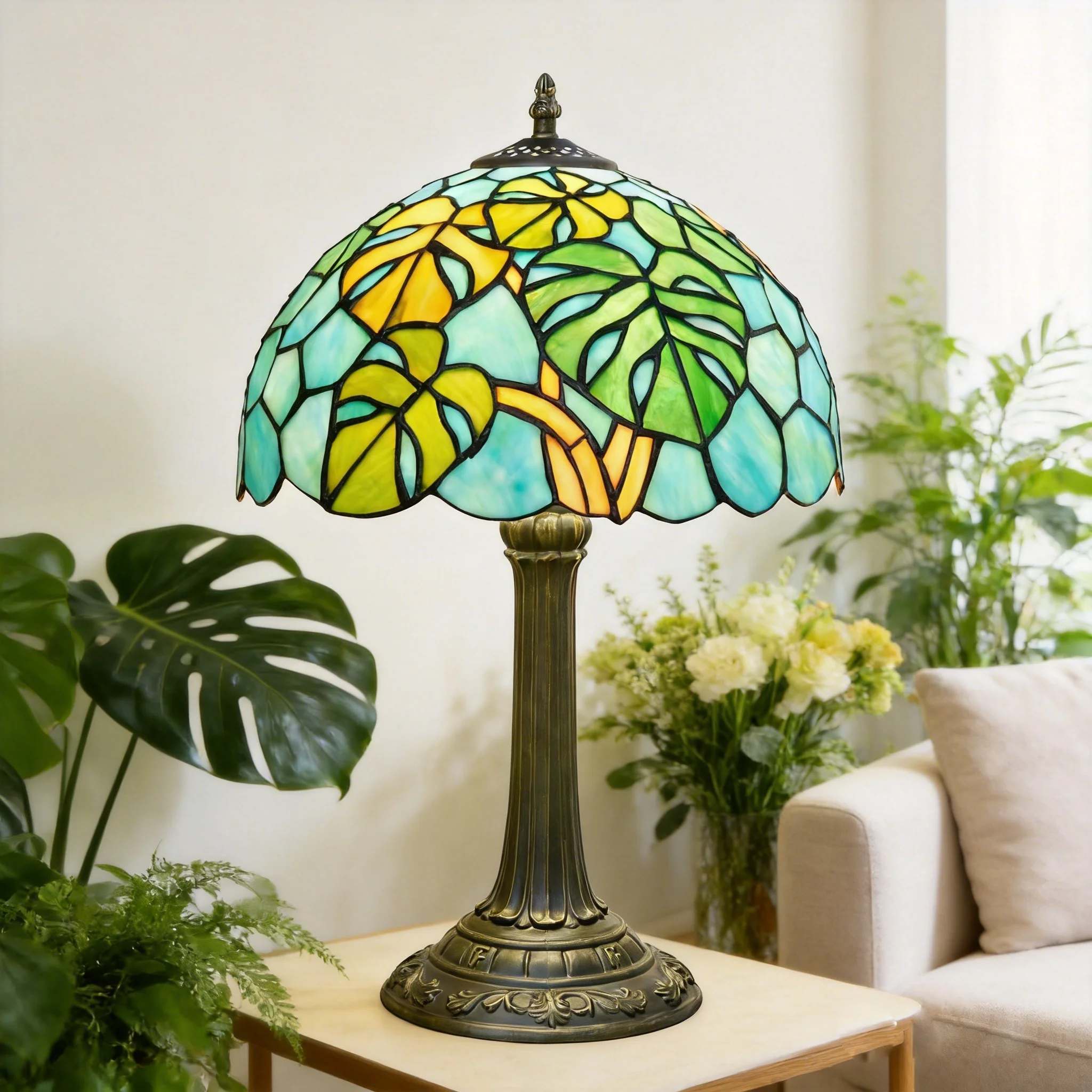12inch Tiffany Vintage Desk Reading Light Lampara Manual Stained Glass Monstera deliciosa Lampshade Table Lamps for Bedroom