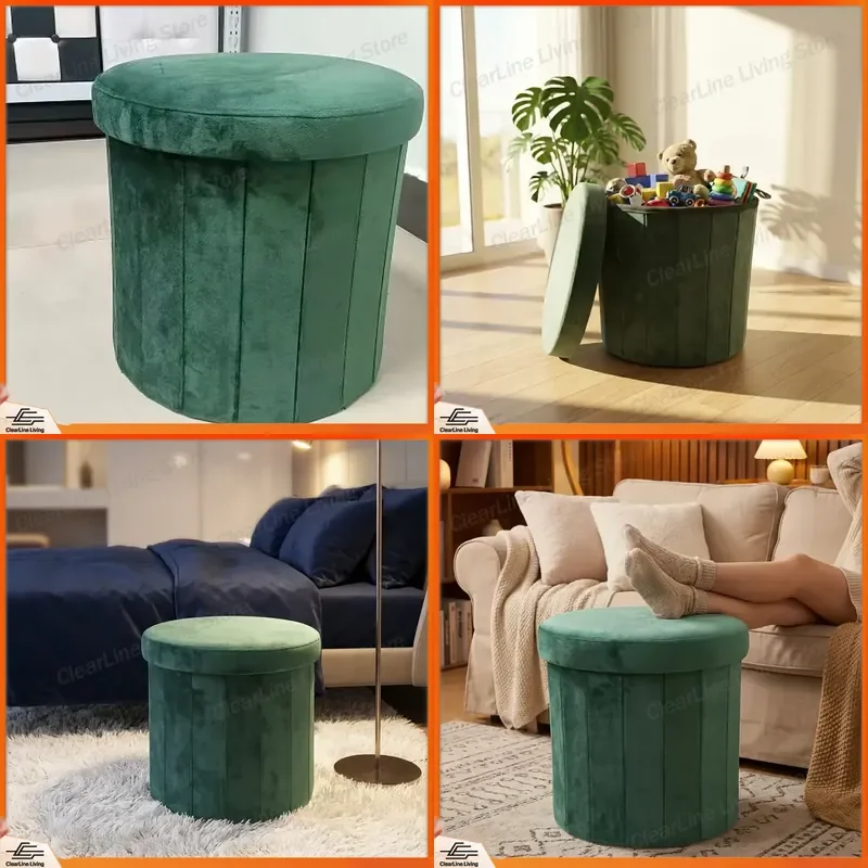 Modern Round Velvet Storage Footstool Foldable Multi Function Ottoman Space Saving Design for Living Room Bedroom