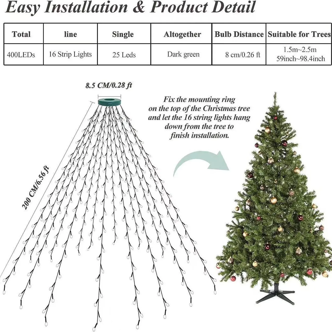 New LED Ring Christmas Tree Lights Decoration Tree Top Lights String Patio Garden Outdoor Waterproof Waterfall Lights