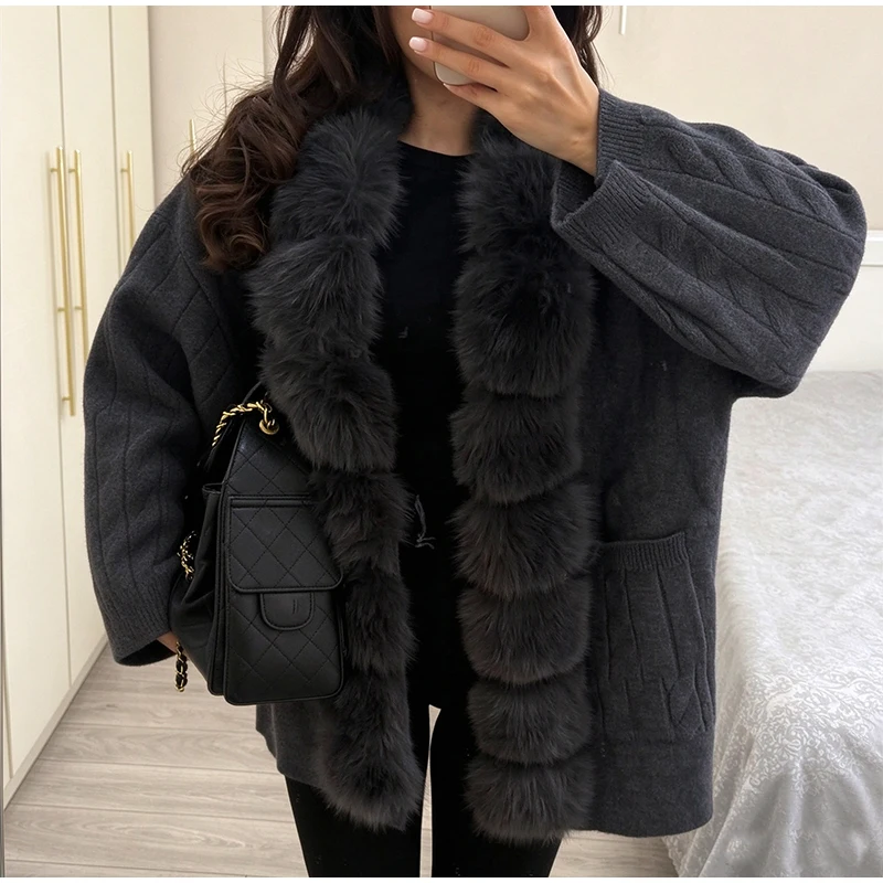Cable Knit Cardigan with Faux Fur Collar — product details 23