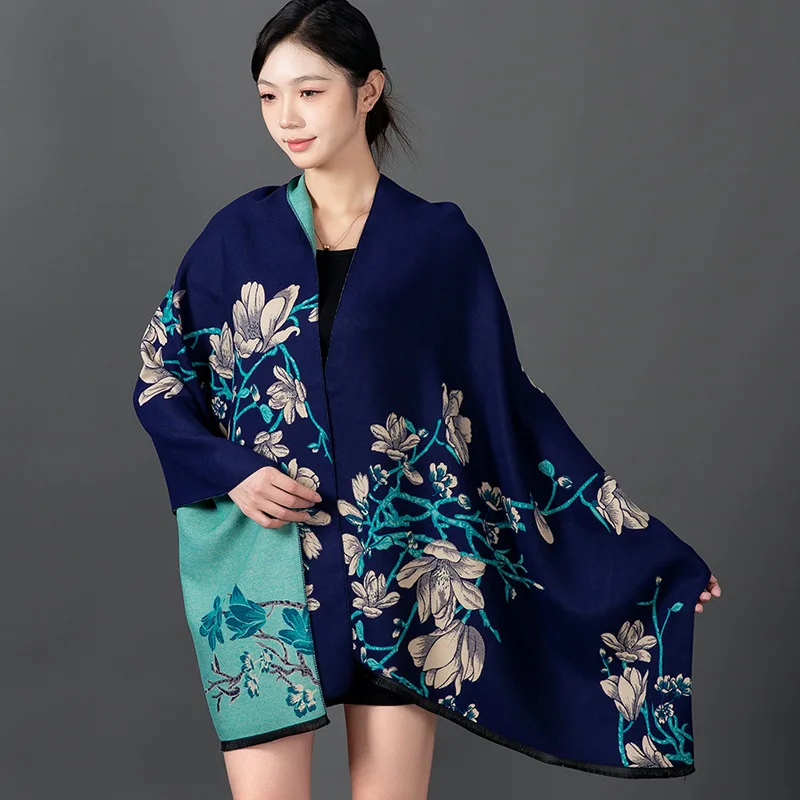 Women Winter Shawl Cashmere Scarf Floral Print Shawl Wrap Pashmina Warm Scarves Thick Travel Blanket Female All-Match Echarpe view 5