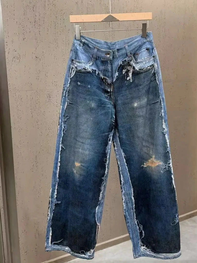 

2026 Spring Summer New Street Style Ripped Pattern Printed Wide-leg Pants Spice Girl Y2K Jeans High Waist Cargo Pants Women