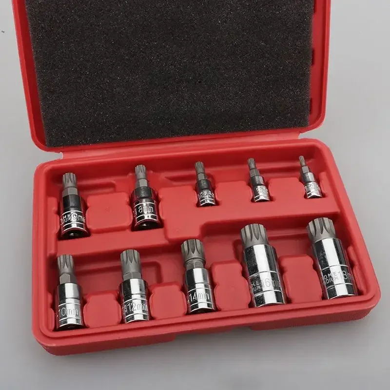10PCS/Set XZN Tampered Triple Square Spline Bit Socket Driver Set with Storage Box,M4-5-6,M8-9-10-12,M14,M16,18 - CRV puntas
