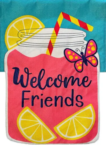 Lemonade Friends Summer Burlap Garden Flag ; Briarwood Lane