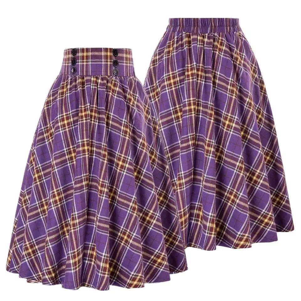 

Women's Vintage A-Line Skirts Elegant High Waist Button Large Swing Pleated Skirt Pure Rockabilly Party Long Skirts Faldas