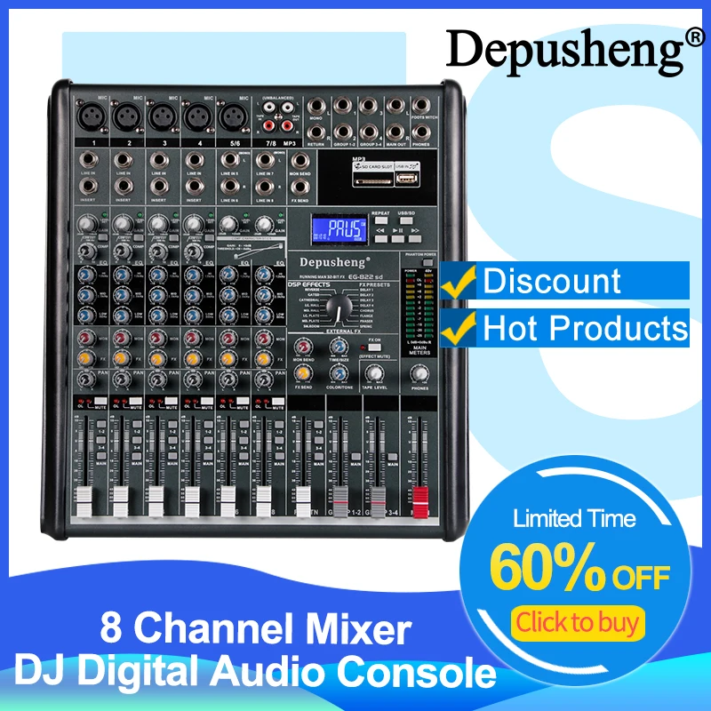 DJ Digital Audio Console Depusheng EG822SD 8 Channel Mixer 48V Phantom Power 16 reverb effects USB MP3 SD card Function Karaoke