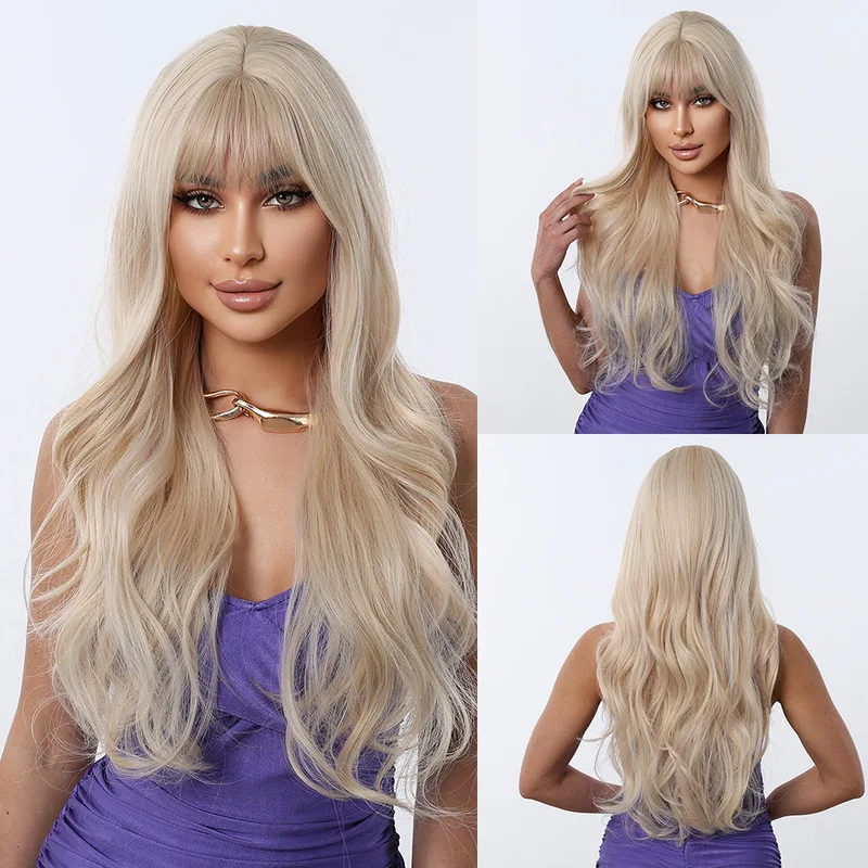 synthetic fiber wig with long curly hair, bangs, and platinum blonde color
