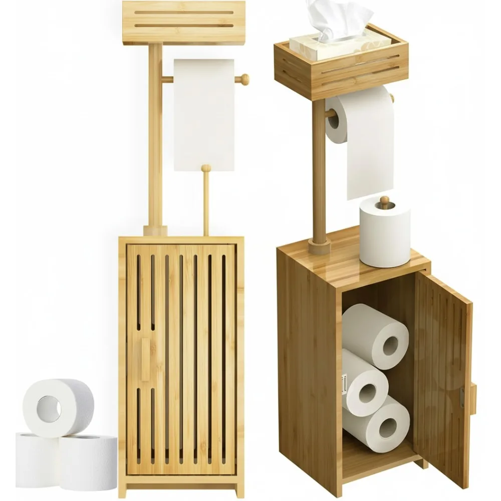 

Bamboo Toilet Paper Holder Stand with Storage - Freestanding Bathroom Organizer for Small Spaces Holds 6 Rolls