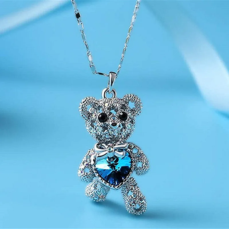 Fashion Heart Crystal Zircon Bear Necklace Animal Jewelry Lovely Bear Pendant Necklaces for Women Birthday Paty Anniversary Gift