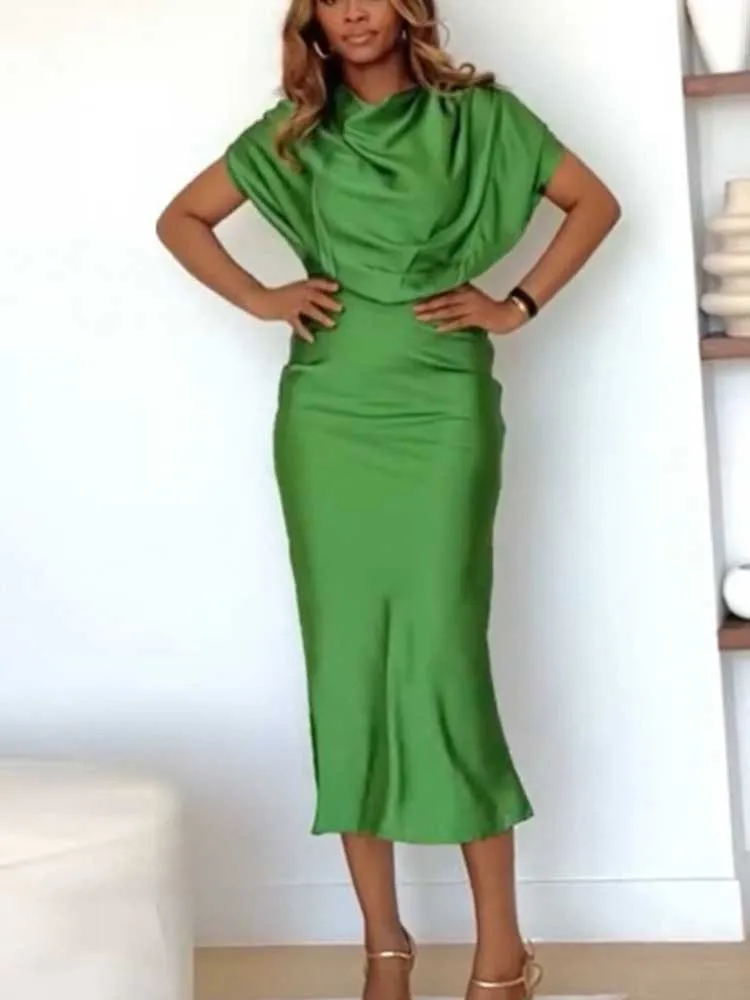 Robe pour femme élégante taille haute couleur unie été robe amincissante col écharpe manches courtes robe en Satin dames