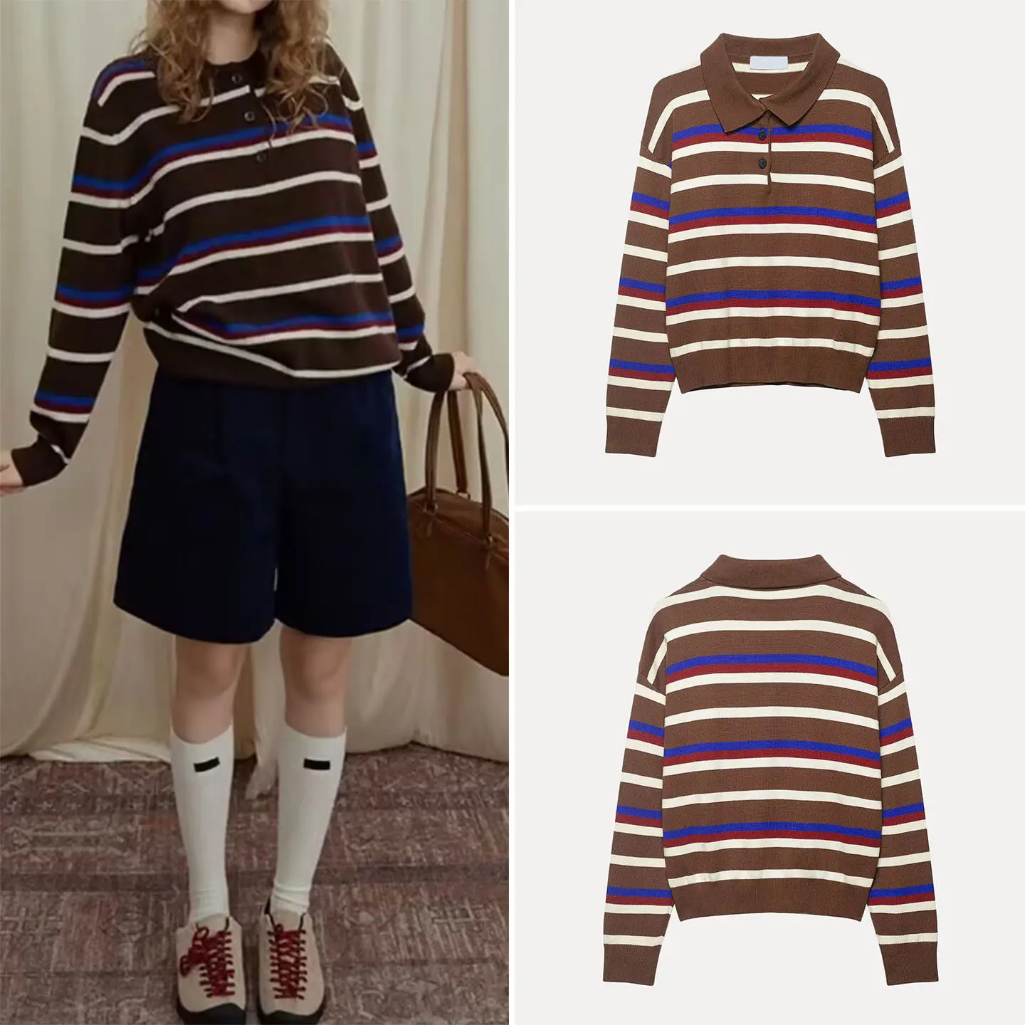 

Новинка зимы 2025: Модный женский вязаный свитер с воротником, в полоску, с длинными рукавами, свободного кроя, премиум-качества, для повседневной носки