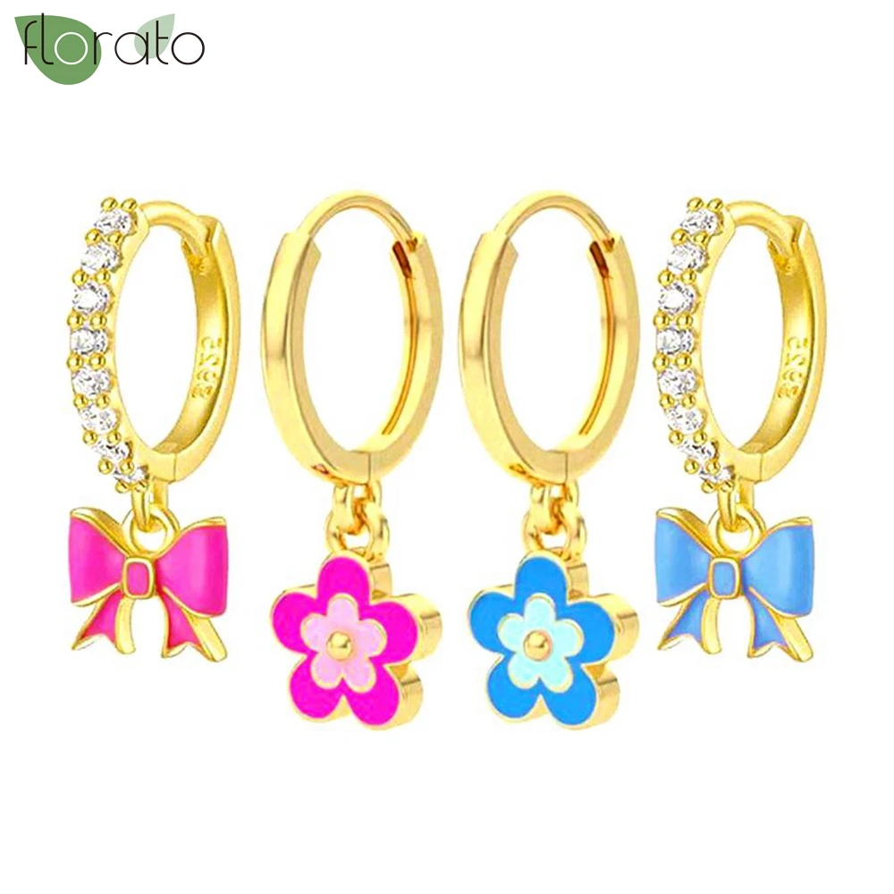 

2025 New Small Flower Earrings 925 Sterling Silver Needle Sweet Bow Pendant Hoop Earrings for Women Party Fashion Jewelry Gifts