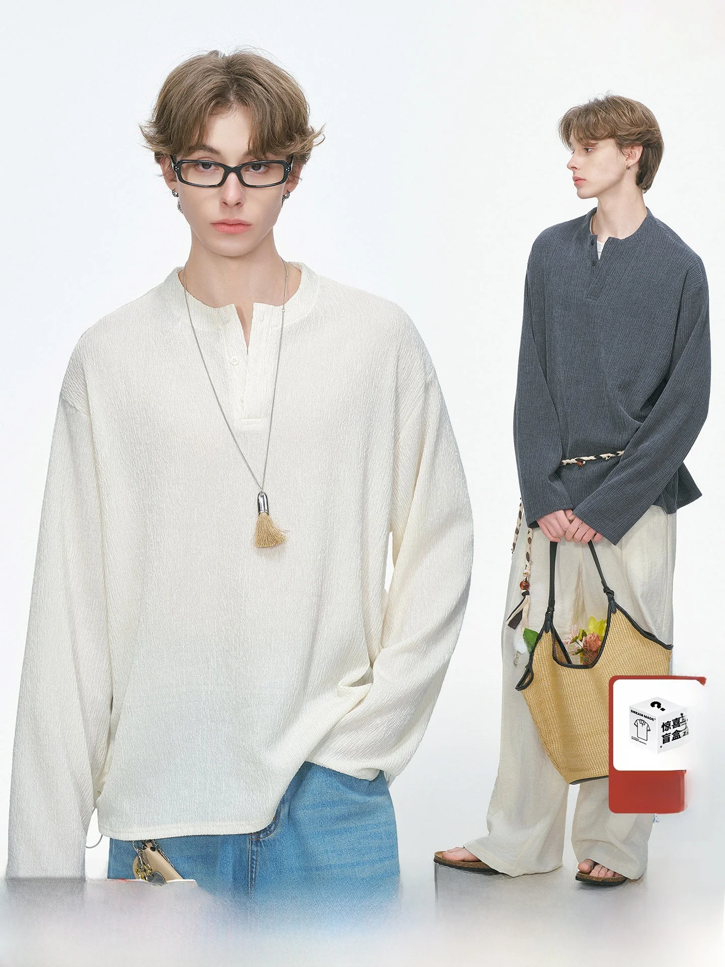 Long Sleeve Henry Collar T-Shirt Men's Base Layer Shirt Inner Wear Spring Autumn Dream Made Vintage Branch Texture Men's Top