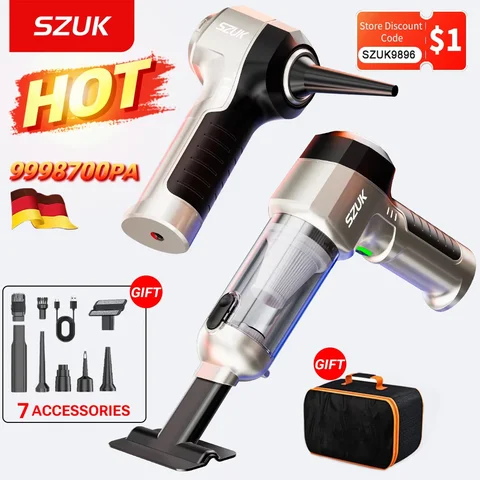 SZUK 2025 신형 무선 진공 청소기 – 9998700Pa 고출력, 3단 변속 흡입력, 6000mAh Type-C 충전식 솔루션, 차량 및 미니 청소용 초강력 핸디 청소기