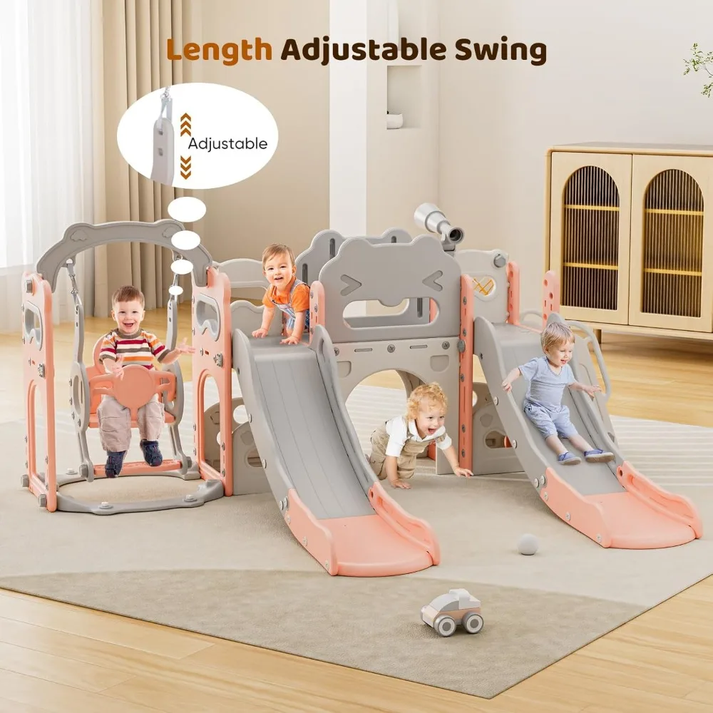 Ensemble de jeu Jungle Double Slide pour tout-petits, 10 en 1, panier de basket-ball, tunnel et espace de rangement, toboggan extérieur et intérieur