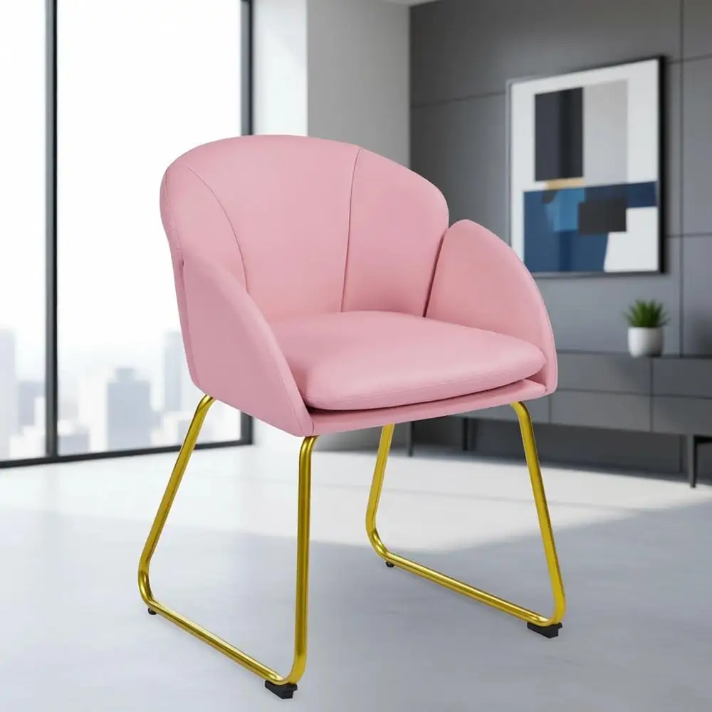 Pink PU Leather Vanity Chair with Metal Legs for Living Room, Makeup Room, Bedroom, Home Office, Kitchen