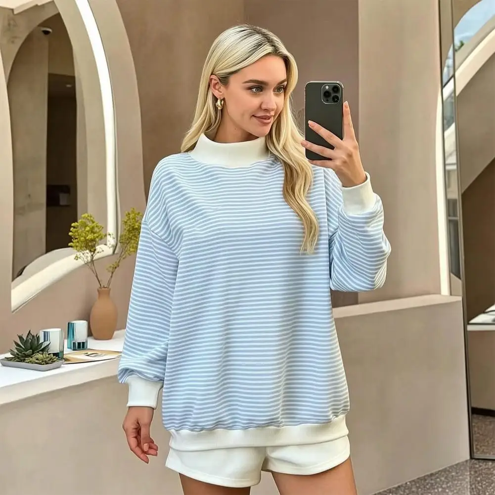 Sudadera a rayas con cuello simulado para mujer, jersey oversize de manga larga para otoño, camiseta casual de cuello medio alto con puños acanalados