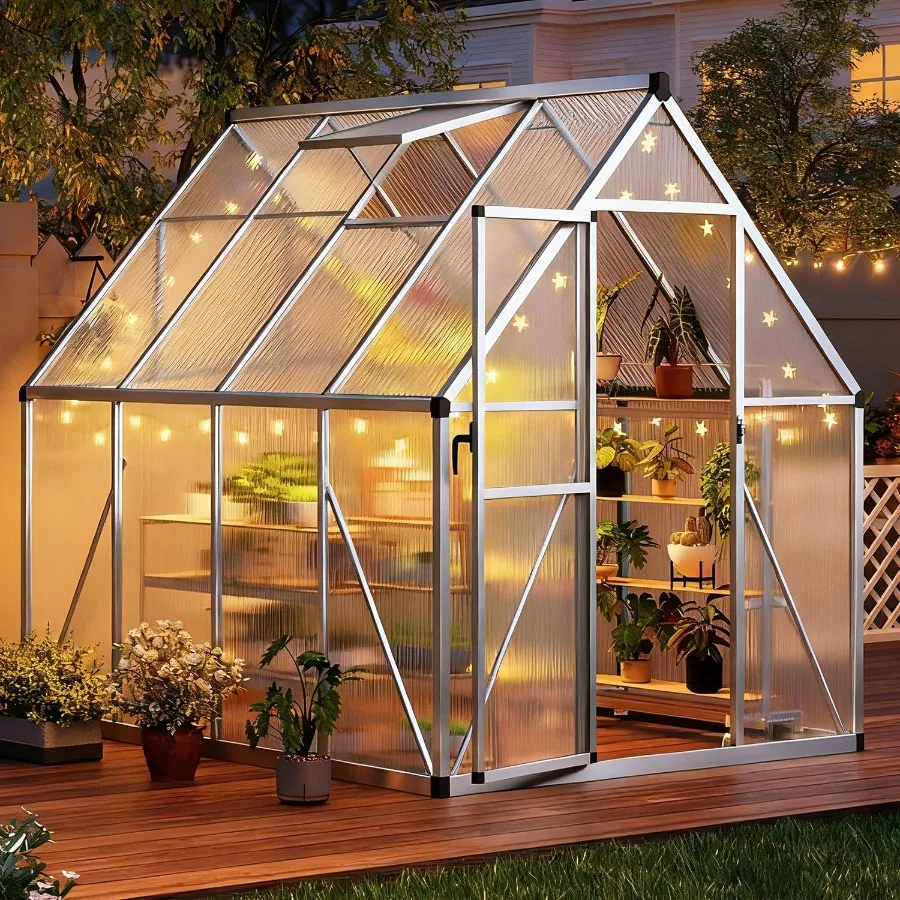 

IDEALHOUSE 6x7 FT Greenhouse for Outdoors Lockable Door and Ajustable Roof Vent Polycarbonate Greenhouse with Windproof Aluminu
