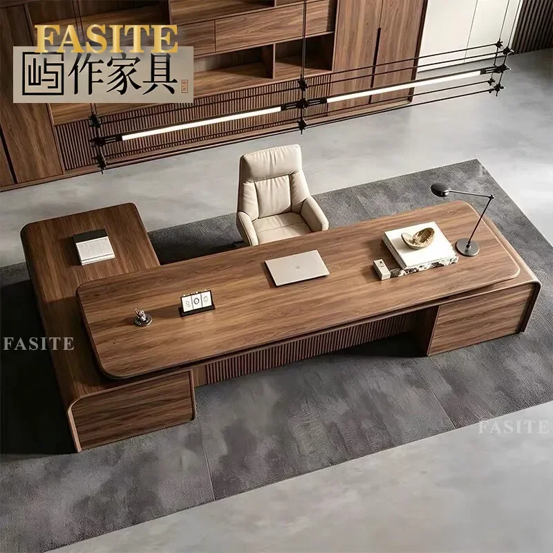 For North American Black Walnut L Shaped Desk Solid Wood Office Boss Table with Side Cabinet Ebony Finish Executive
