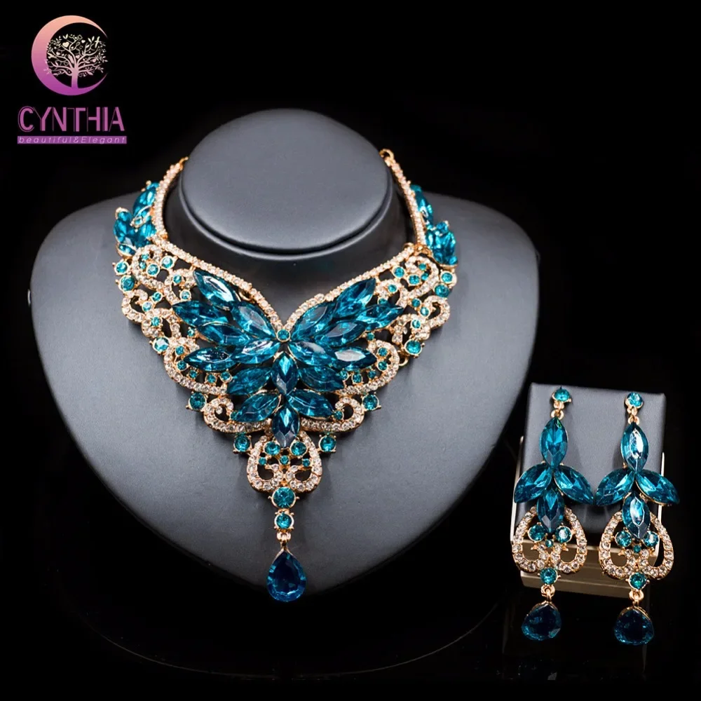 Fashion crystal-jewelry kolye vintage crystal jewelry Flower Statement Necklace earings For Women nigerian wedding african