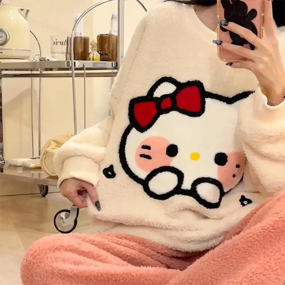 Cute Women Pajamas Suit Hello Kitty Cinnamoroll Sanrioed Anime Kawaii Plush Spring Cartoon Coral Fleece Homewear Warm Nightwear