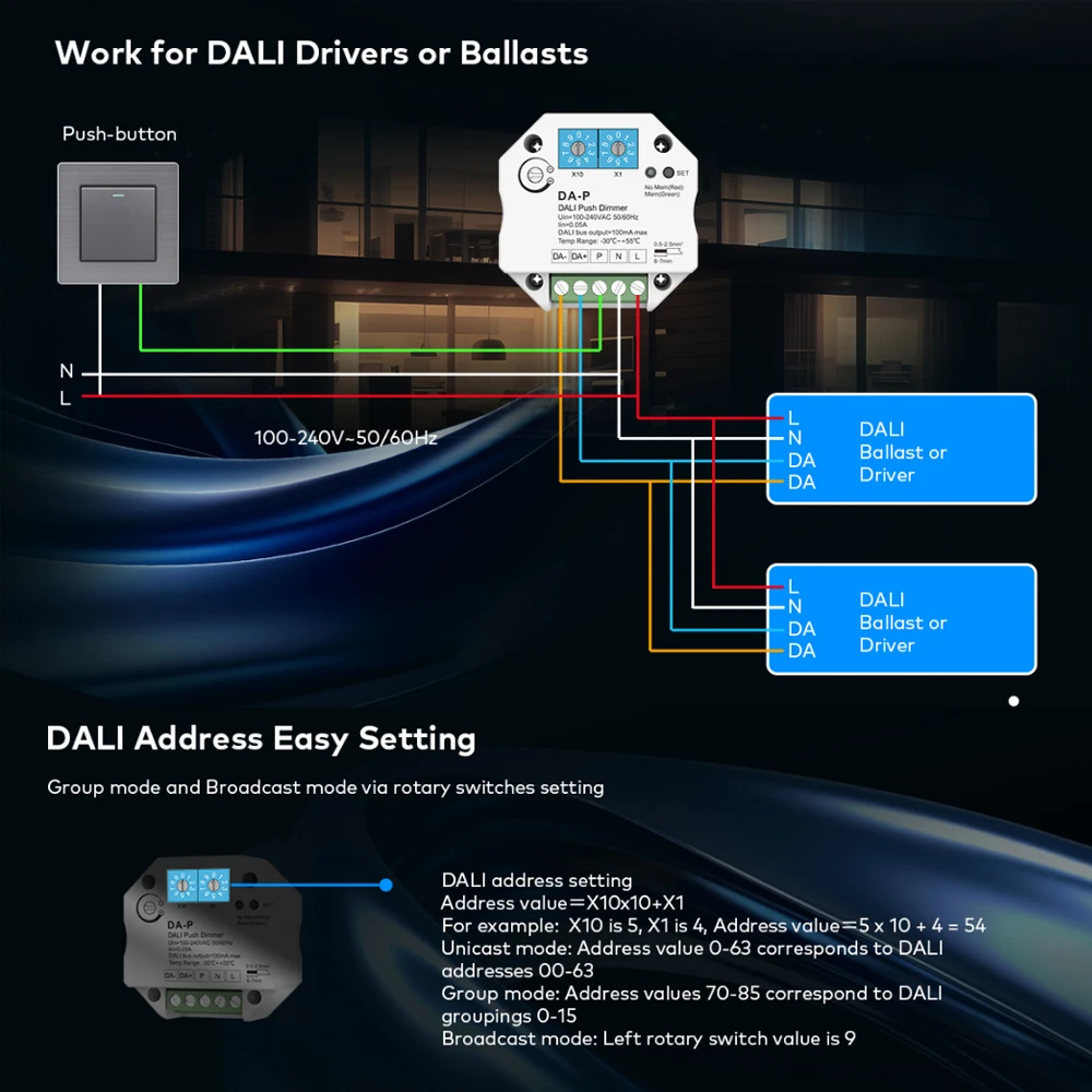 DALI Push LED Dimmer DA-P AC 110V 220V 230V with Push Dimming for DALI LED Driver Ballasts Memory Funtion DALI Bus Power Supply