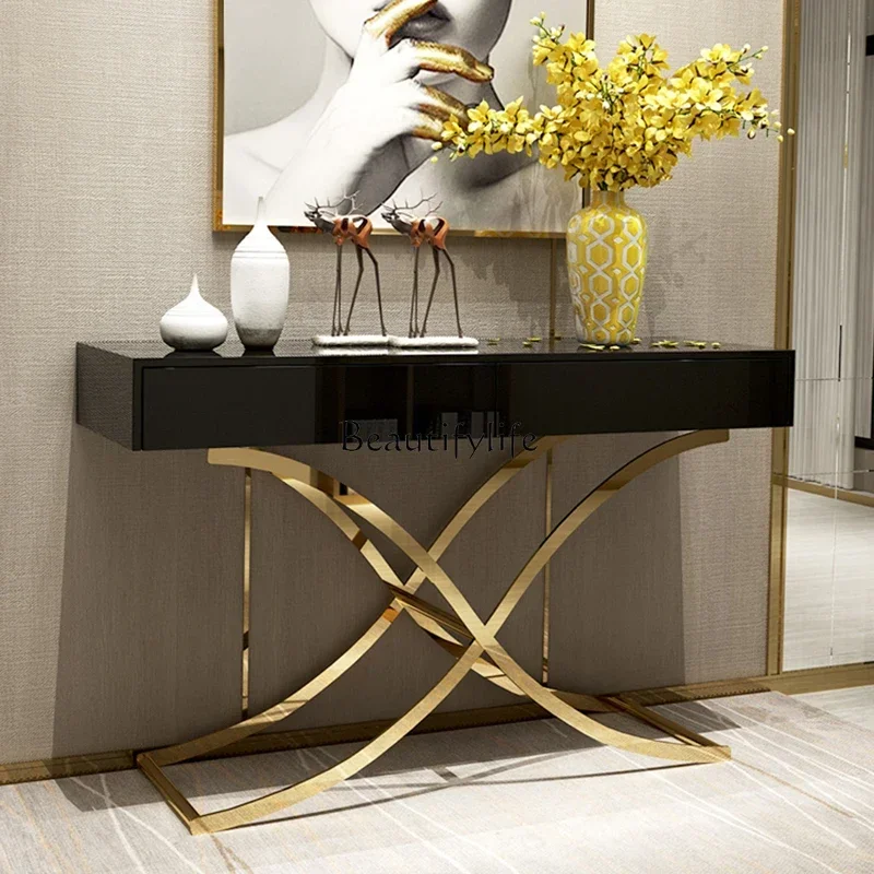 

ld 30Light luxury solid wood entrance table White paint decorative cabinet with drawers Metal entrance cabinet