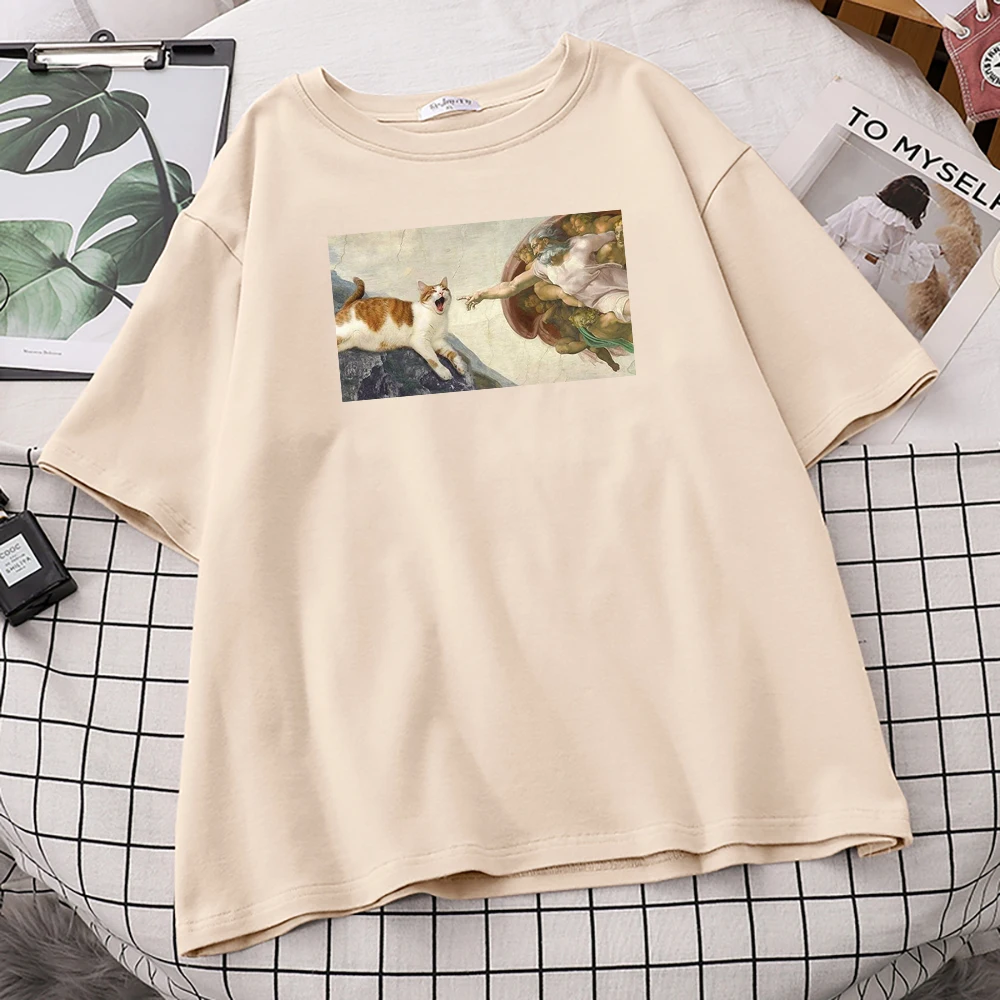 The Creation Of Adam Picture Print T-Shirts Women Fitted Simplicity Tops Crew Neck Clothes Aesthetic Oversize T-Shirts For Women