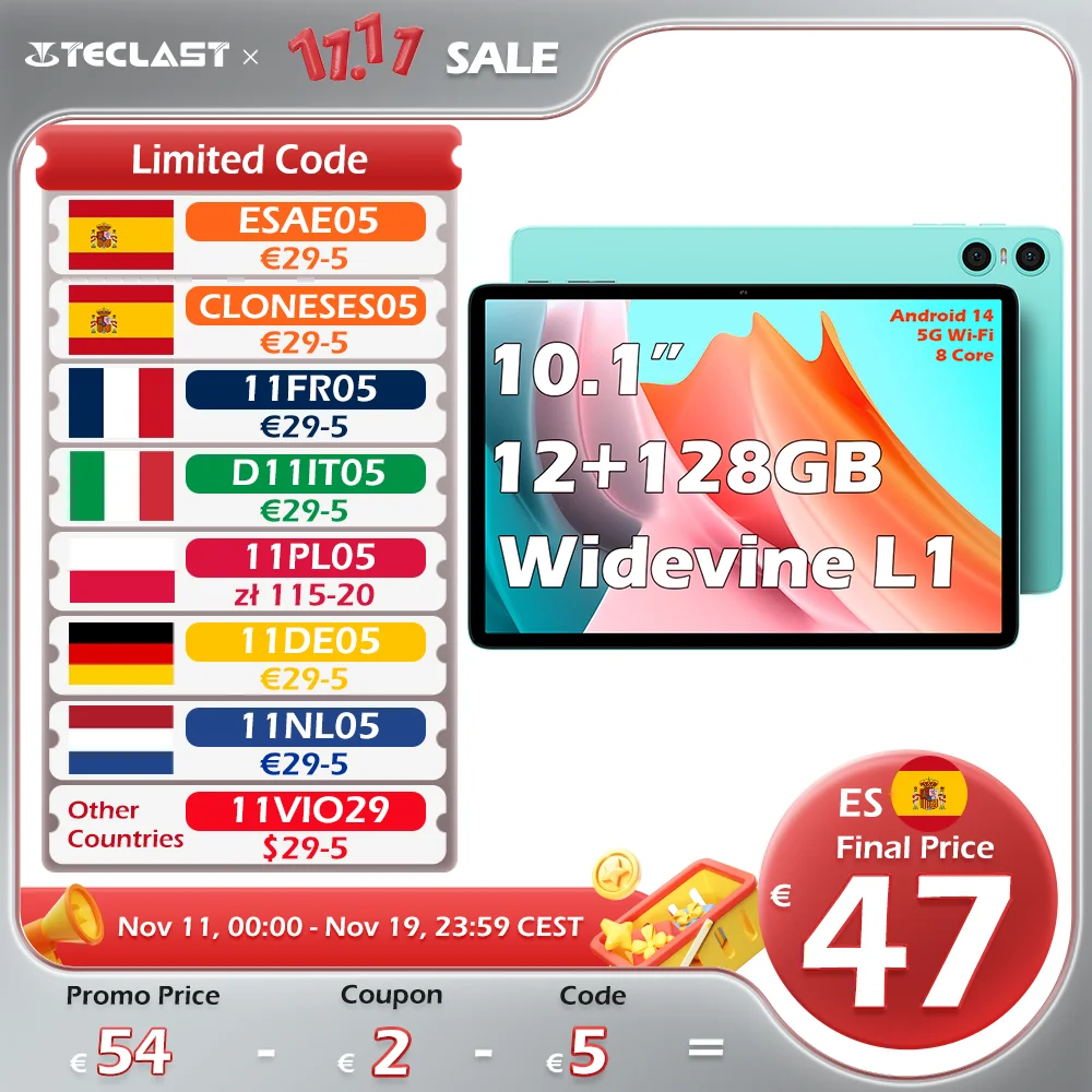 تابلت Teclast Odea A10 Android 14، 10.1 بوصة Ips، (4Gb+8Gb)12Gb Ram، 128Gb Rom، 8 Cores، Unisoc T606، 1280X800، Mali-G57، 6000Mah، 5Mp+2Mp، يدعم Tf حتى 1Tb، Type C، Widevine L1