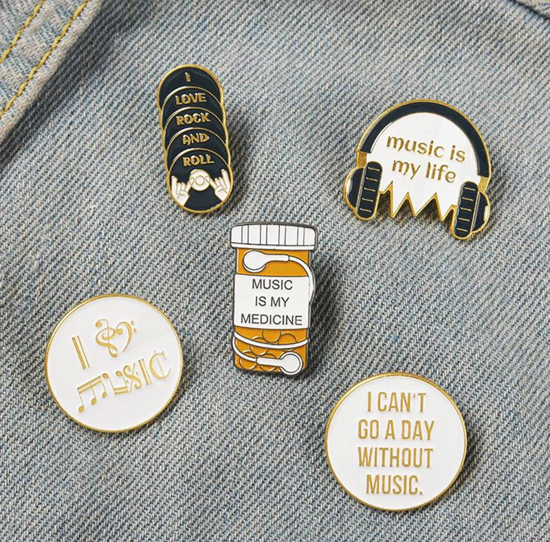 n Roll Pines Bag Hat Lapel Pins Badge Jewelry Gift for Music Lover Music Life Enamel  Brooch Earphone Note CD Rock