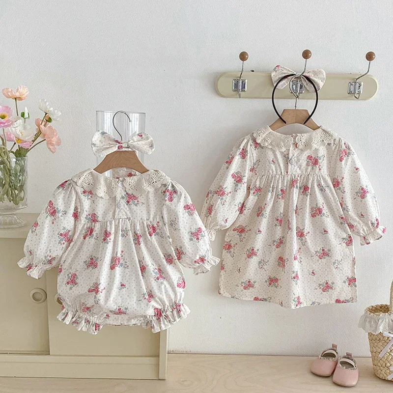 2025 New Autumn Sister Dress Baby Girl Romper Kids Princess Dresses Long Sleeved Cotton Print 2-7Yrs Girl Party Dress