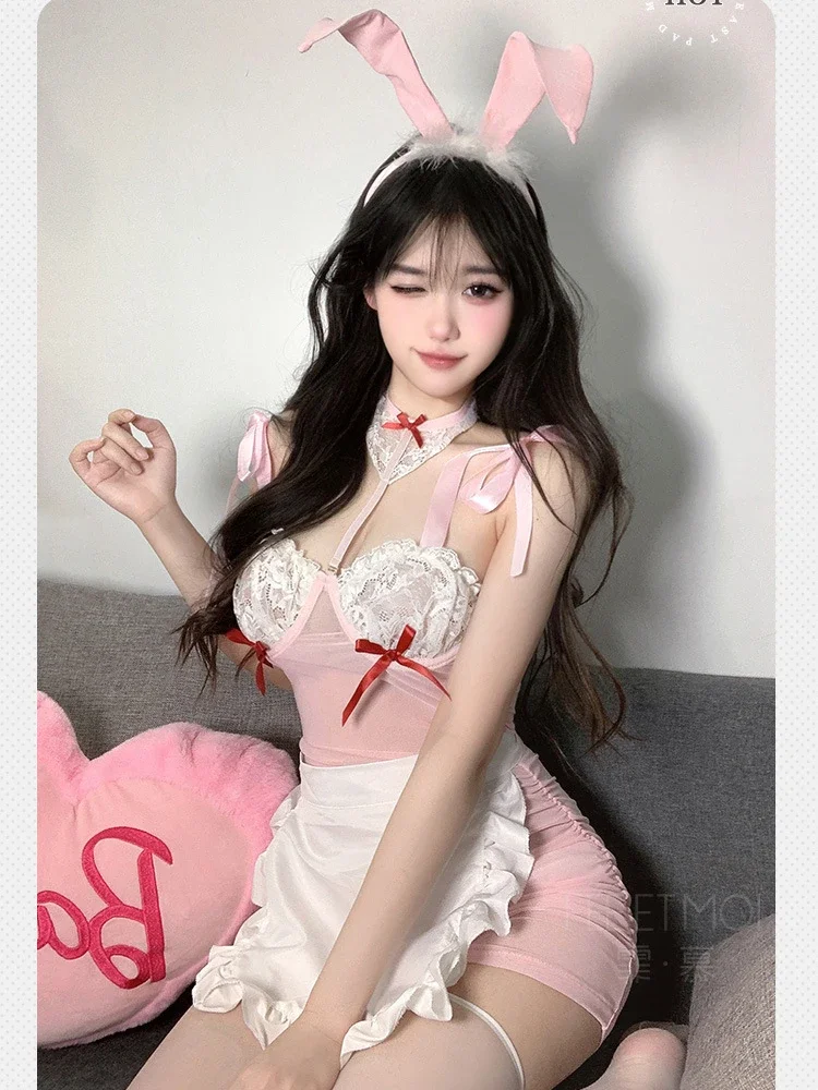 

Cute Pink Bunny Girl Uniform Cosplay Costume Sexy Lace See Through Underwear Sweet Bunny Role Play Outfits Lingerie Nightgown