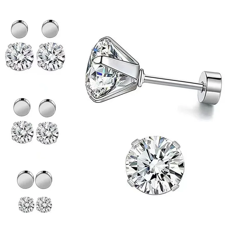 1Pairs/2Pcs Stainless Steel Crystal Studs Earrings For Women Men 4 Prong Tragus Round Clear Cubic Zirconia Ear Jewelry