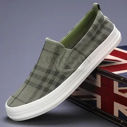 Green Plaid Canvas Sneakers for Men Designer Vulcanized Shoes Casual Breathable Low-top Slip-on Flat Shoes Zapatillas De  Hombre