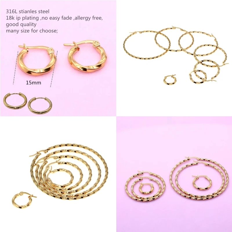 316 Stainless Steel Hoop Earrings Gold-Color IP Plating No Fade Allergy Free Classical Brief Style Multiple Sizes 15MM-60MM