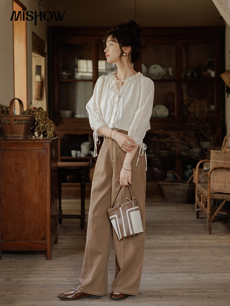 MISHOW Retro High Waisted Straight Leg Casual Pants for Women Autumn 2024 Loose Thick Floor Length Wide Leg Pants MXD41K0743