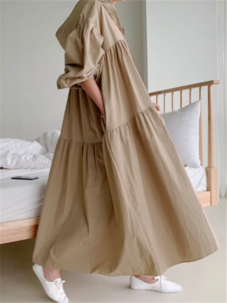 REALEFT 2023 New Hooded Oversize Women's Shirts Dresses Puff Sleeve Solid Casual Loose Straight Long Dress Female Spring Autumn